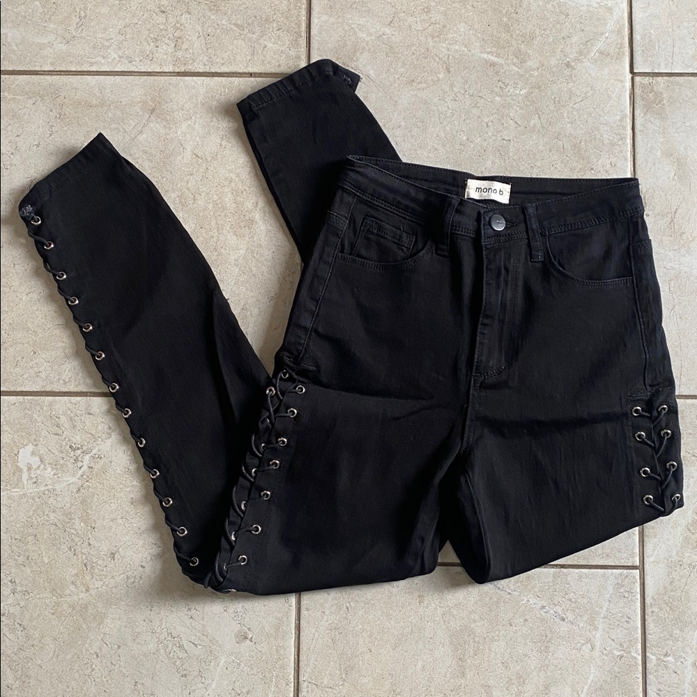 Mono B Black Skinny Jeans Silver Detail Lace Up Sides